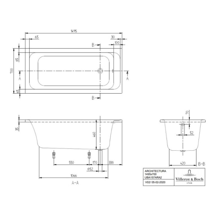 Ванна UBA157ARA2V-01 150x70 Villeroy&Boch Architectura