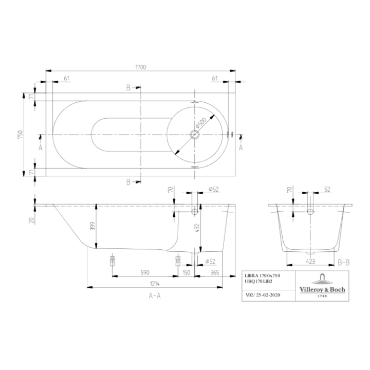 Ванна UBQ170LIB2V-01 Villeroy&Boch 170x75 см