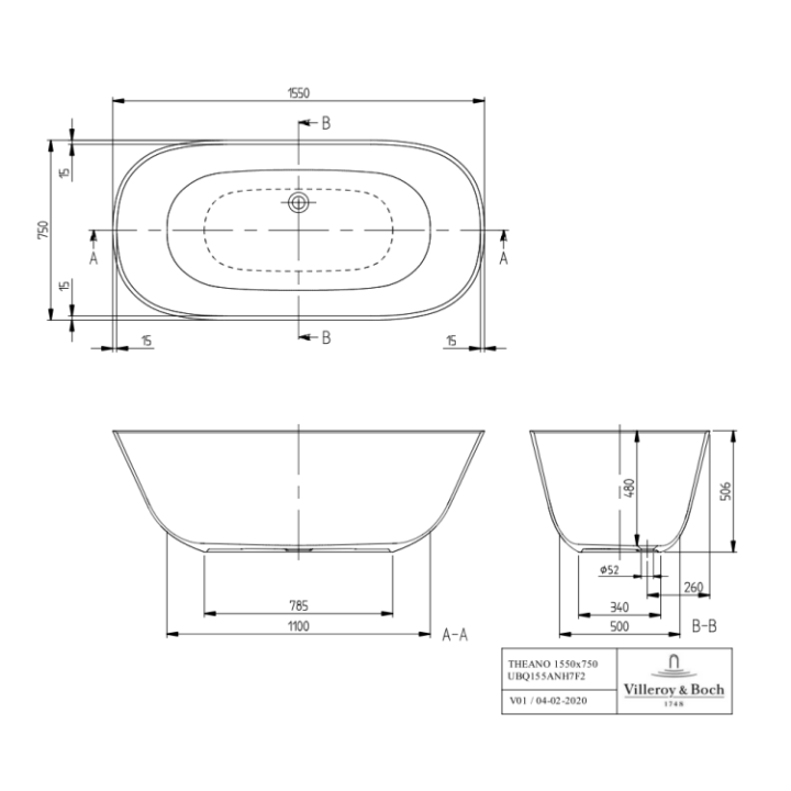 Villeroy&Boch UBQ155ANH7F200V-01 ванна 155x75 см