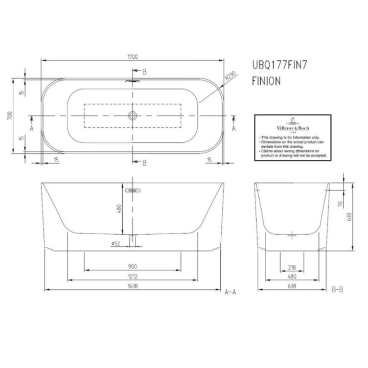 Villeroy&Boch UBQ177FIN7A100V4RW ванна Finion 170x70