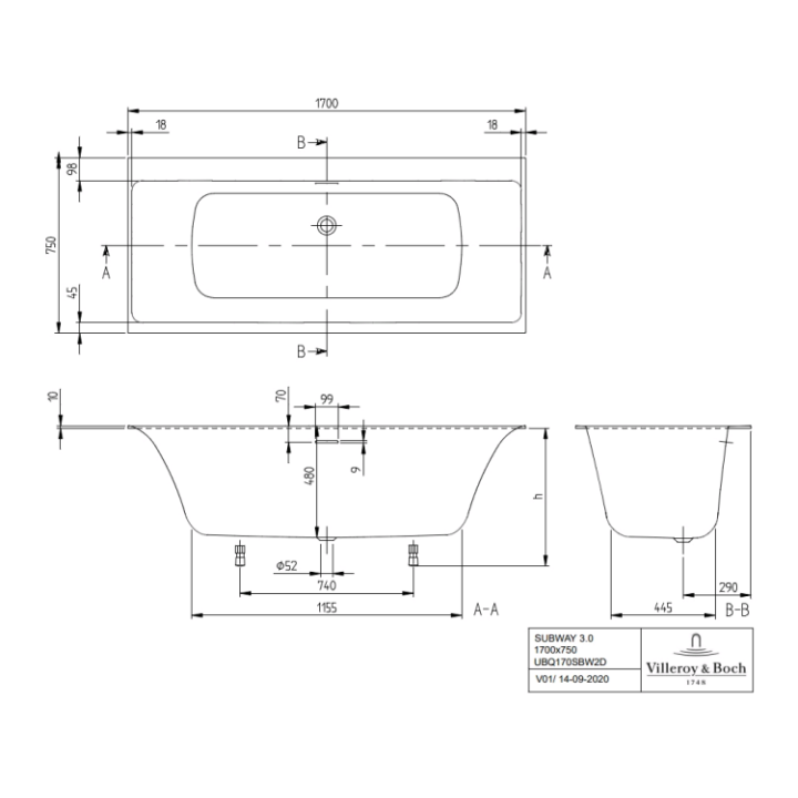 Ванна UBQ170SBW2DV-01 + PA01 Villeroy&Boch 170x75