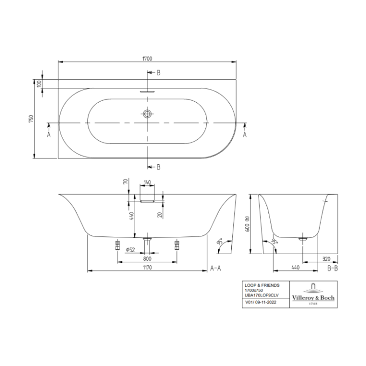 Ванна Villeroy&Boch UBA170LOF9CL00V-01 170x75 см