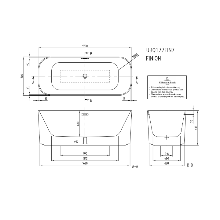Ванна UBQ177FIN7A100V201 Villeroy&Boch Finion 170x70