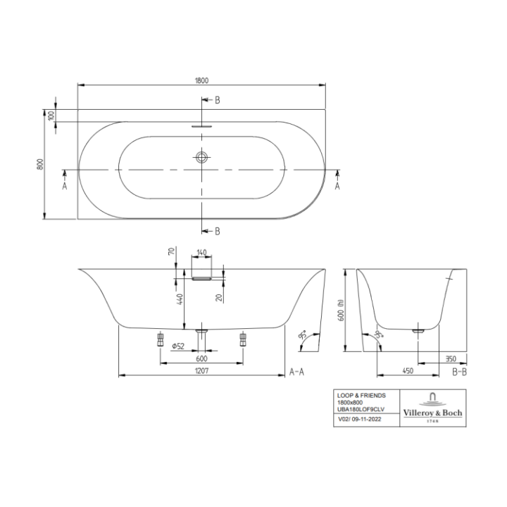 Villeroy&Boch UBA180LOF9CL00V-RW ванна 180x80