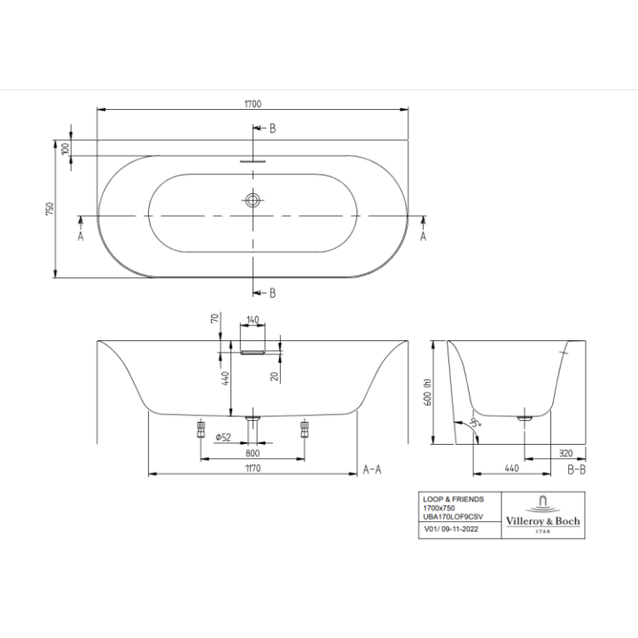 Villeroy&Boch UBA170LOF9CS00V-RW ванна 170x75 см