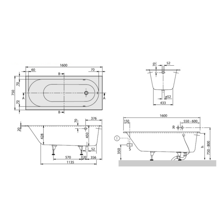 Villeroy&Boch UBQ160OBE2V-RW ванна 160x75 встраиваемая