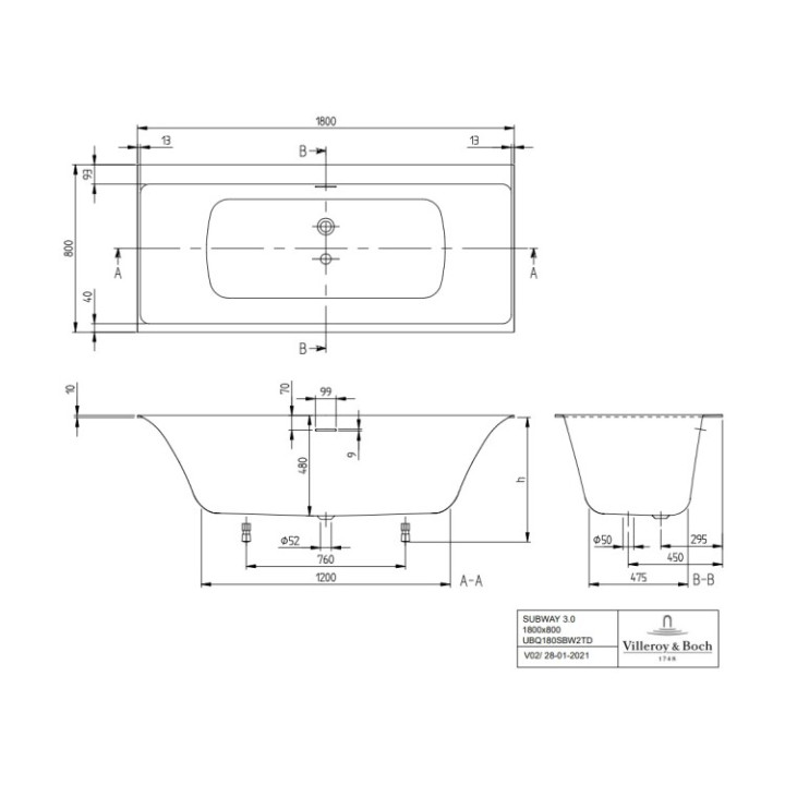 Ванна UBQ180SBW2TDV-01 Villeroy&Boch 180x80