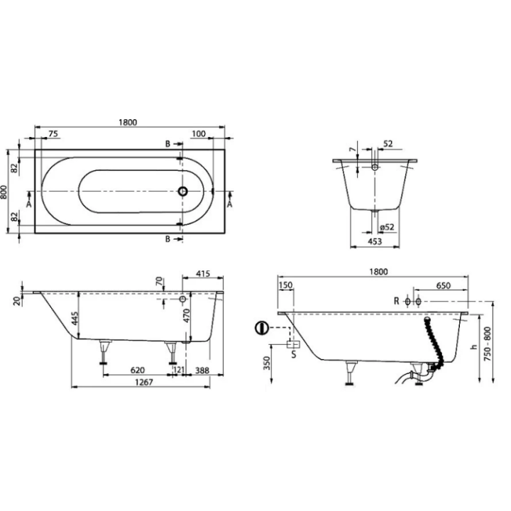 Ванна UBQ180OBE2V-RW Oberon 180x80 см