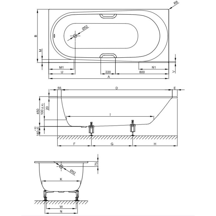 Ванна Bette 1250-440 встраиваемая 170x75 Snow
