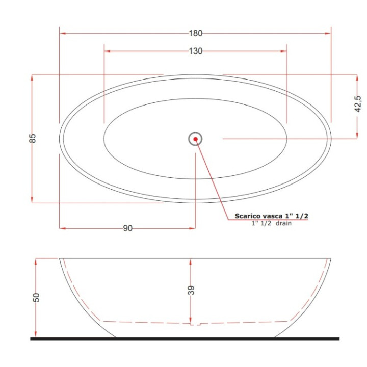 Treesse Camelia V047FU ванна 180x85 см, серый