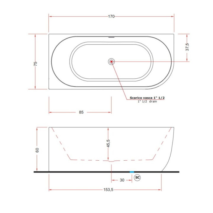 Treesse Cora V057BL00SX ванна 170x75 пристенная