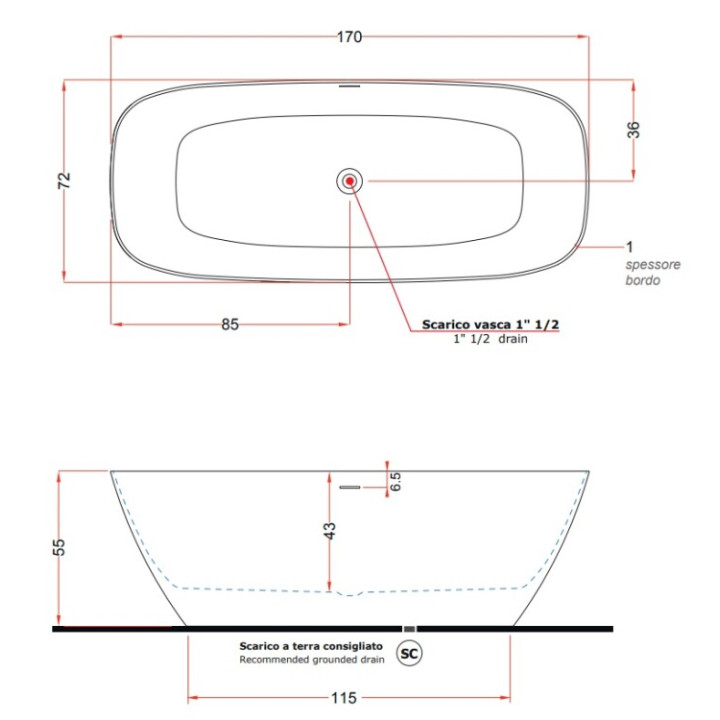Treesse Brio V297BO ванна 170x72 см Matt White