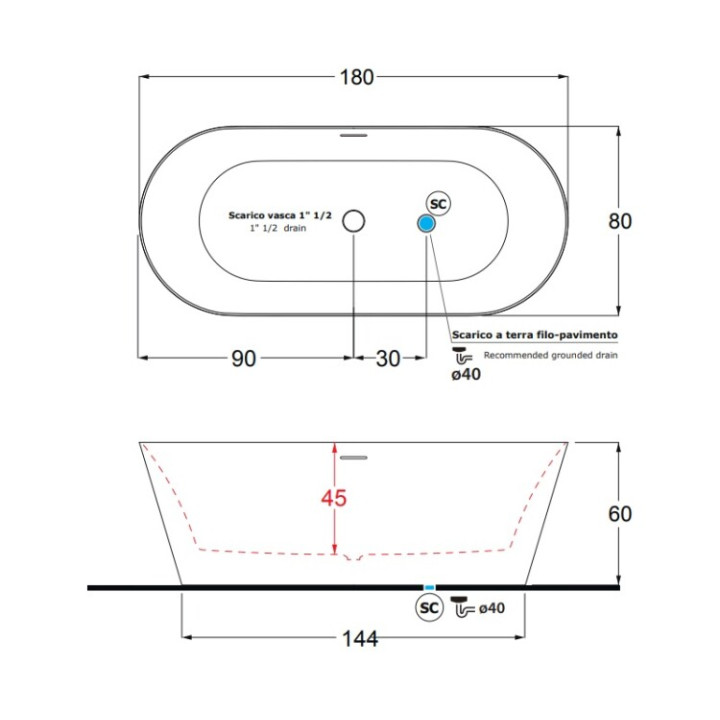 Treesse V388BL ванна 180x80 отдельностоящая белый