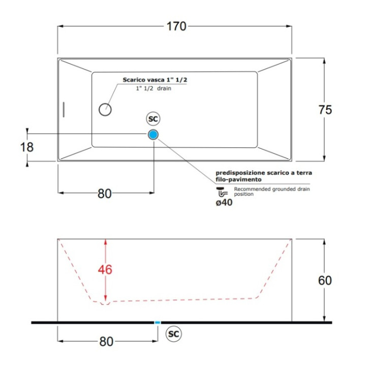 Treesse Ilia V375BL ванна 170x75 см, белый
