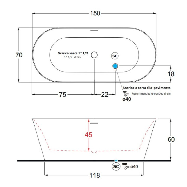 Treesse Inka V385BL ванна 150x70 отдельностоящая
