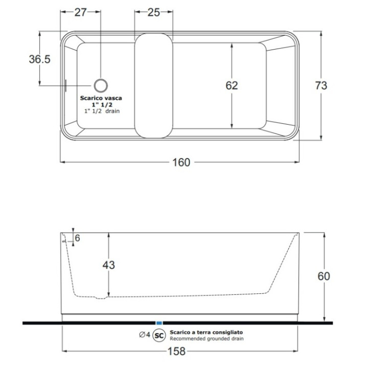 Treesse V396BO ванна 160x73 Matt White