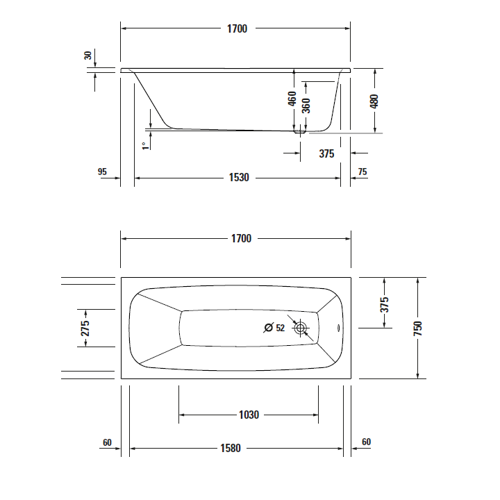 Duravit 700548000000000 ванна Aurena 170x75 см